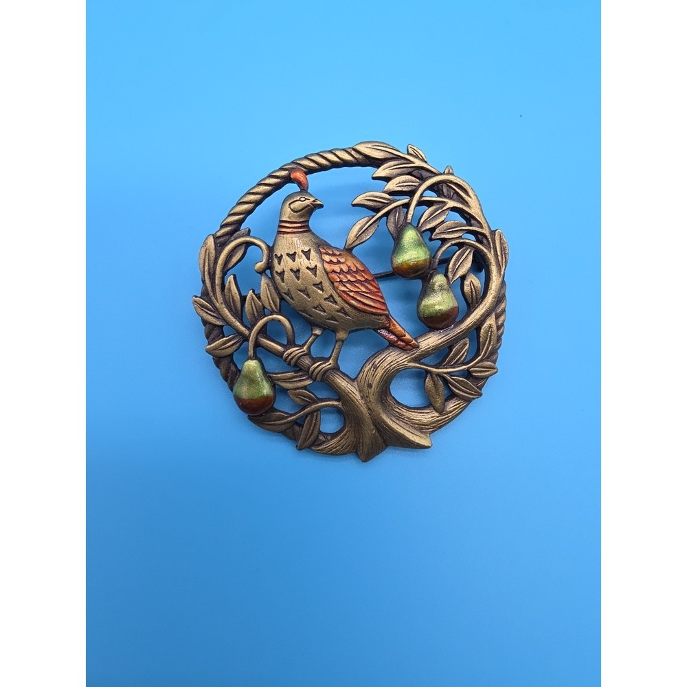 Vintage JJ Jonette Partridge in a Pear‎ Tree Christmas Brooch Pin Enamel Bird